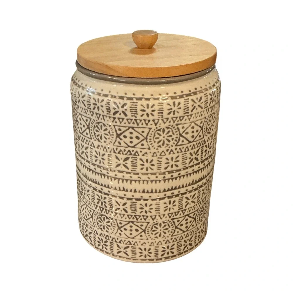 Threshold Stoneware Canister Cream Grey Geometric Pattern Wood Lid 9in Kitchen